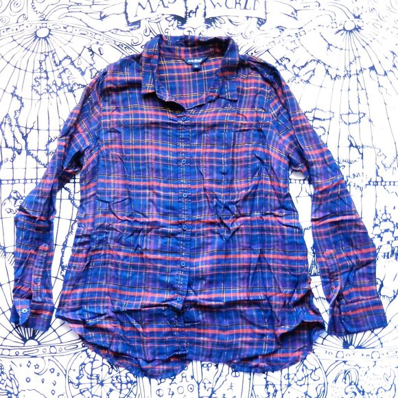 ✨ Lucky Brand || Gold Thread Plaid Long Sleeve Flannel Top - Picture 1 of 5